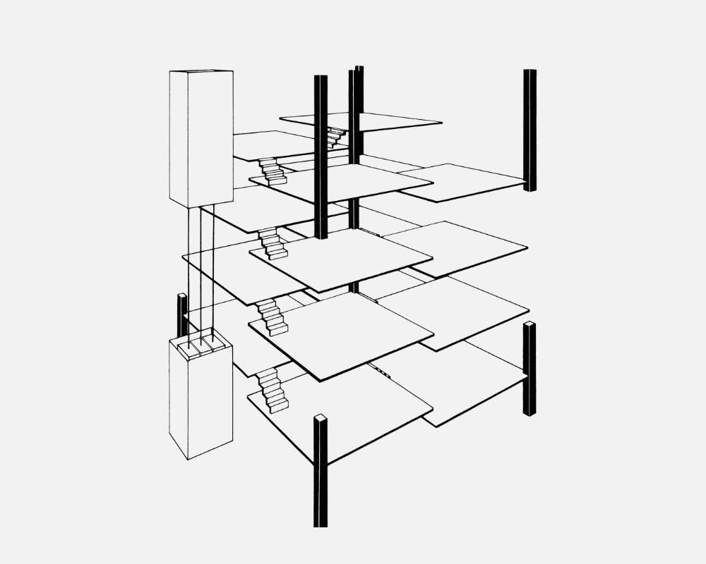 図面。ソニービルの階を田の字型に分け、真ん中の柱を中心に4つのセクションを段違いにした花びら構造の図面が表示されている。