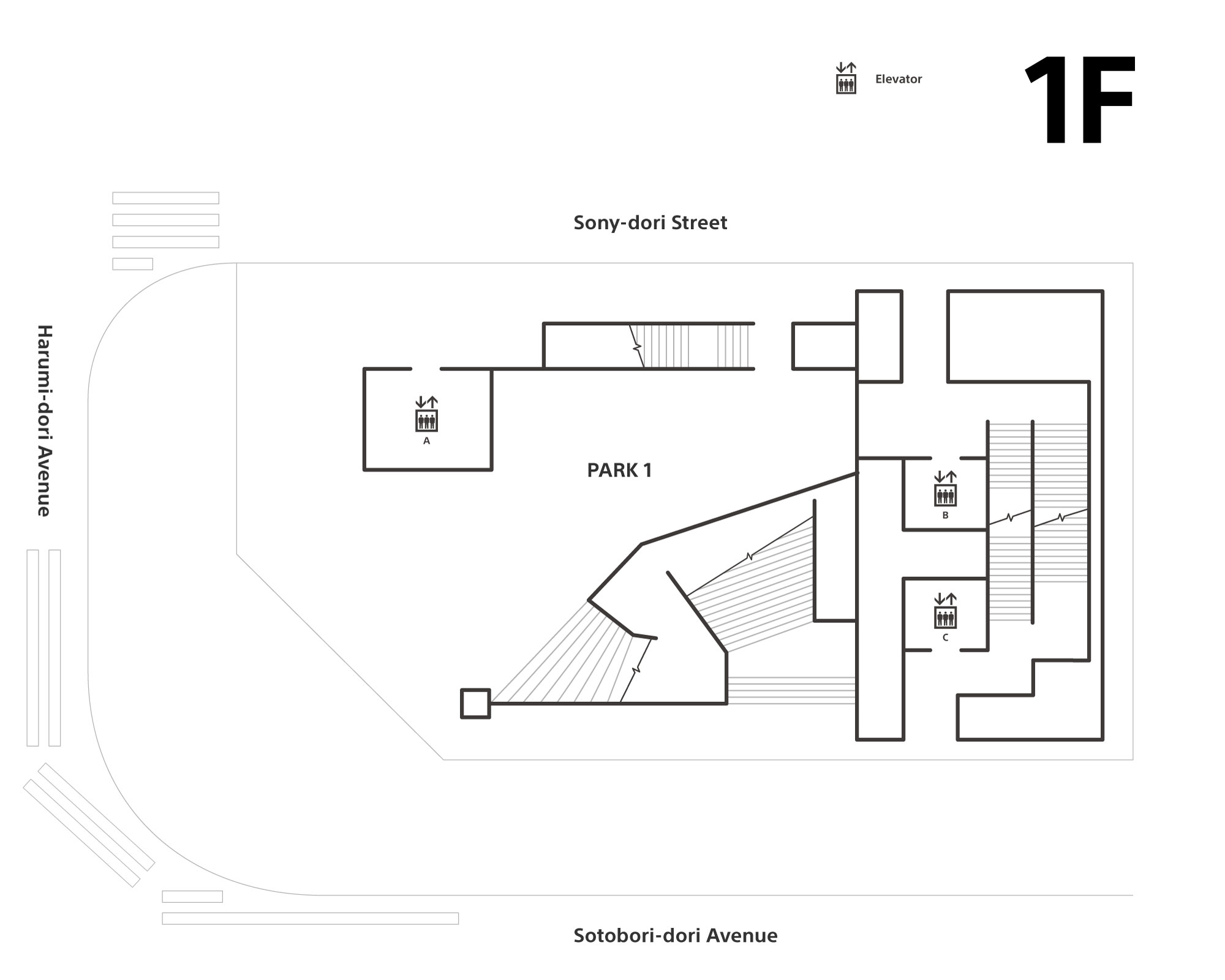 The first floor has activity area PARK 1. There are elevators (A, B, C) and stairs. It faces Sony Street, Harumi Avenue, and Sotobori Street.
