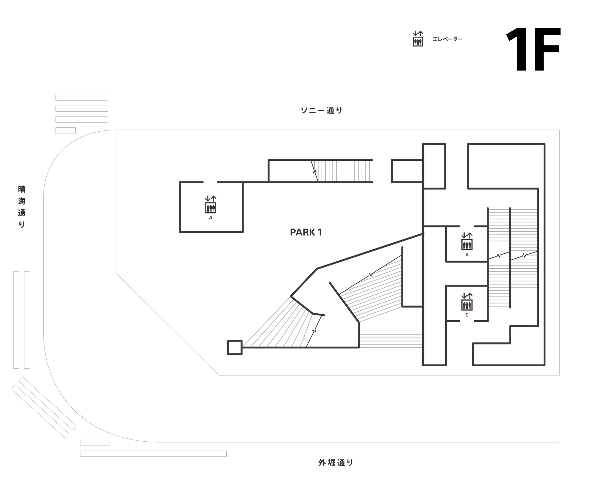 1階はアクティビティエリアPARK 1があります。エレベーター(A,B,C)、階段があります。ソニー通り、晴海通り、外堀通りに面しています。