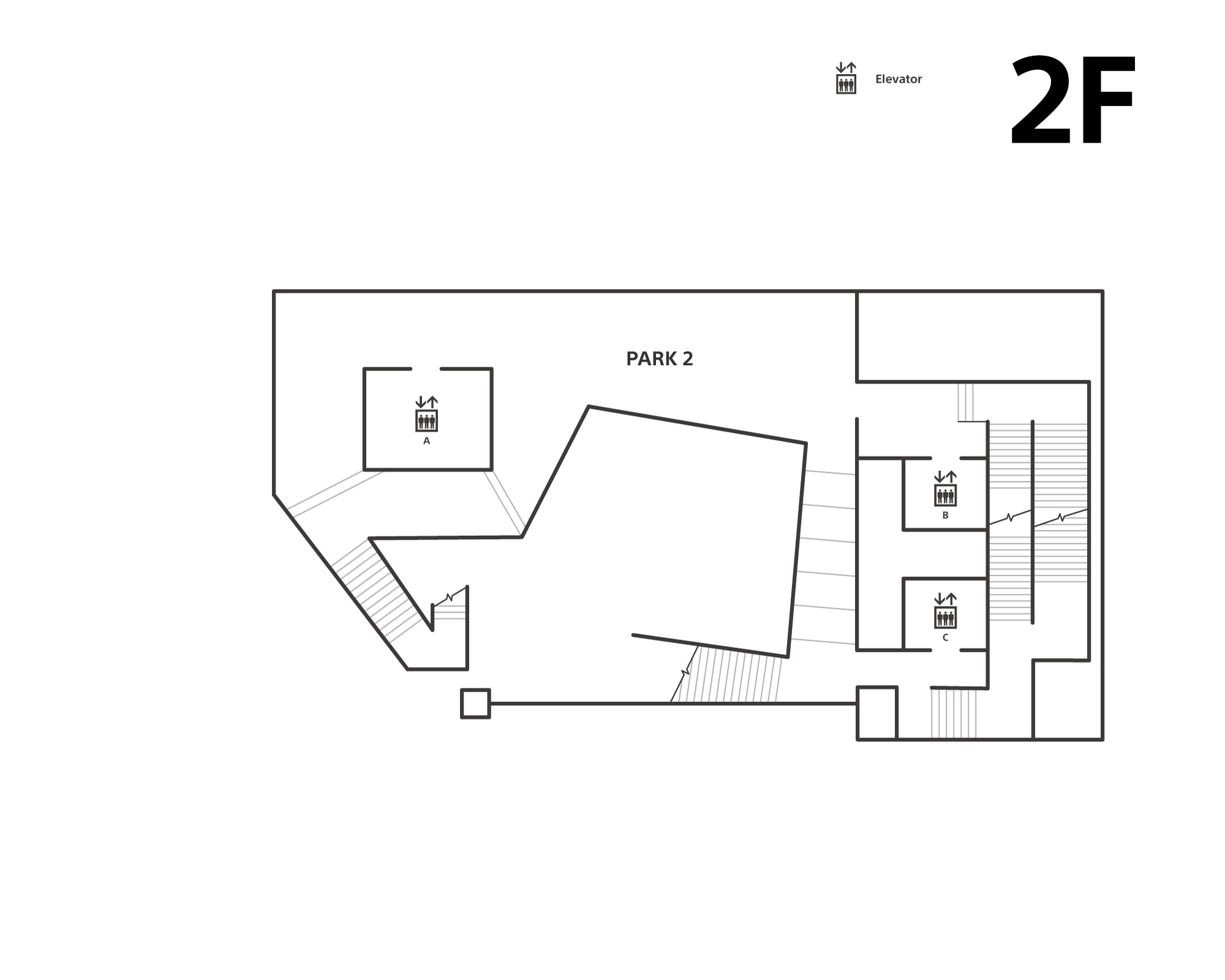 The second floor has an atrium in the middle of the floor. There are elevators (A, B, C) and stairs.