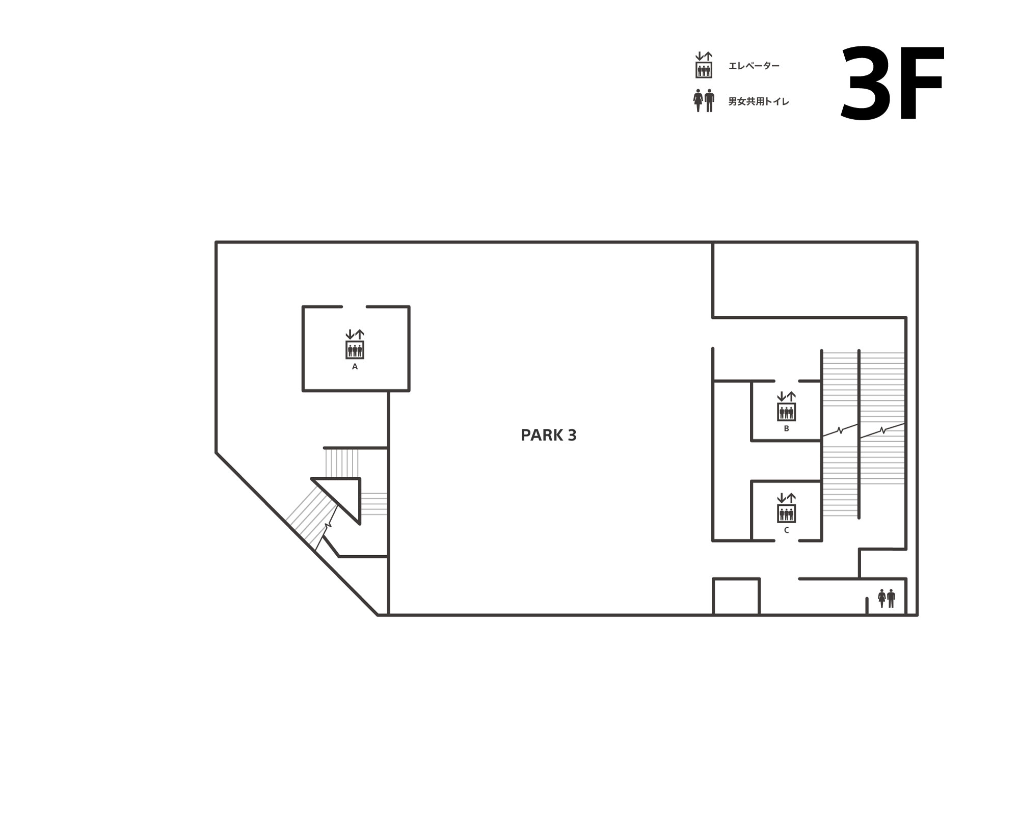 3階はアクティビティエリアPARK 3があります。エレベーター(A,B,C)、男女共用トイレ、階段があります。