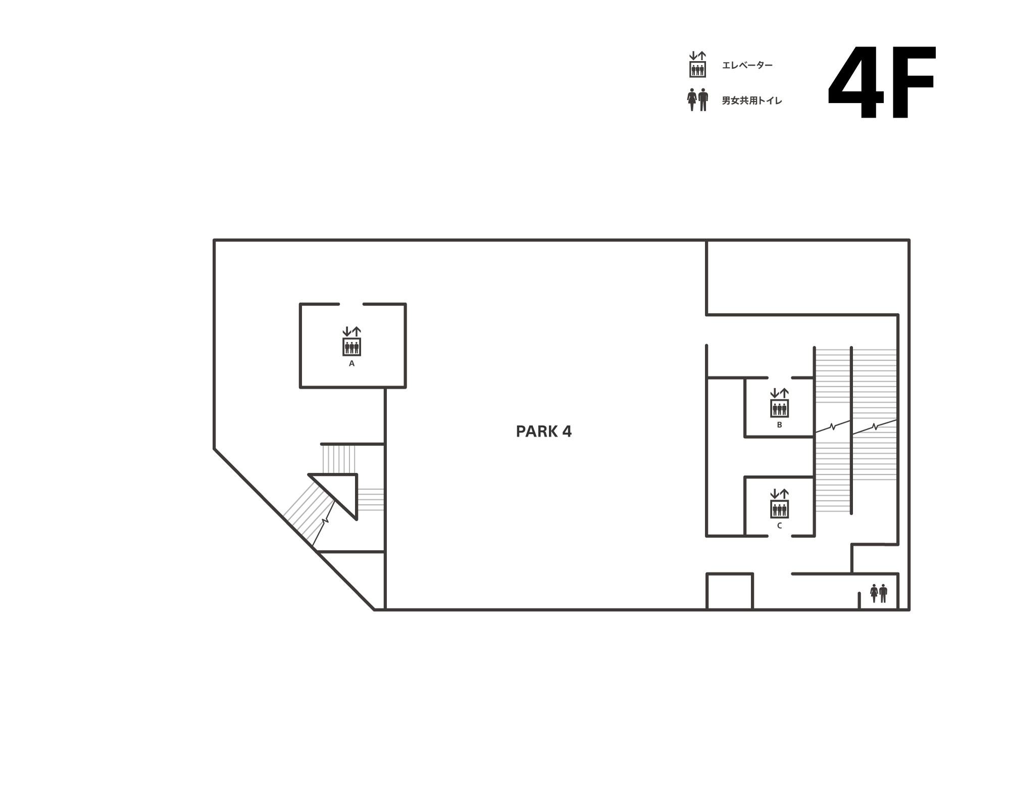 4階はアクティビティエリアPARK 4があります。エレベーター(A,B,C)、男女共用トイレ、階段があります。