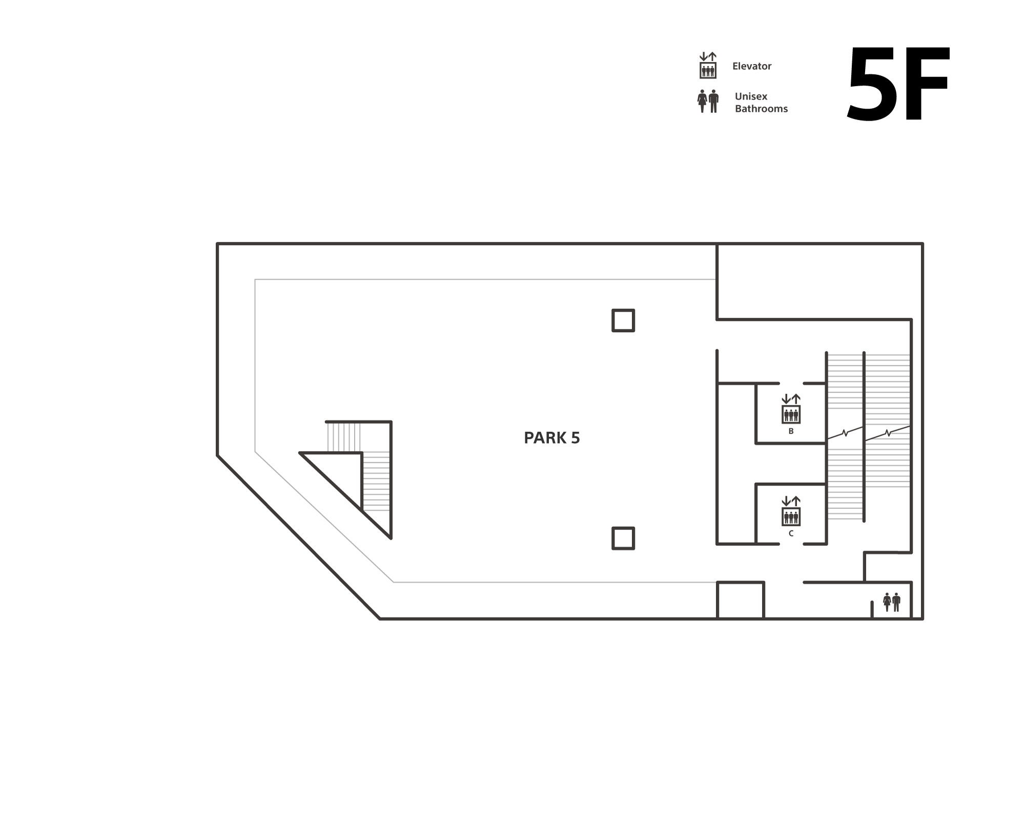 The fifth floor is the rooftop. There are elevators (B, C), a unisex bathroom, and stairs