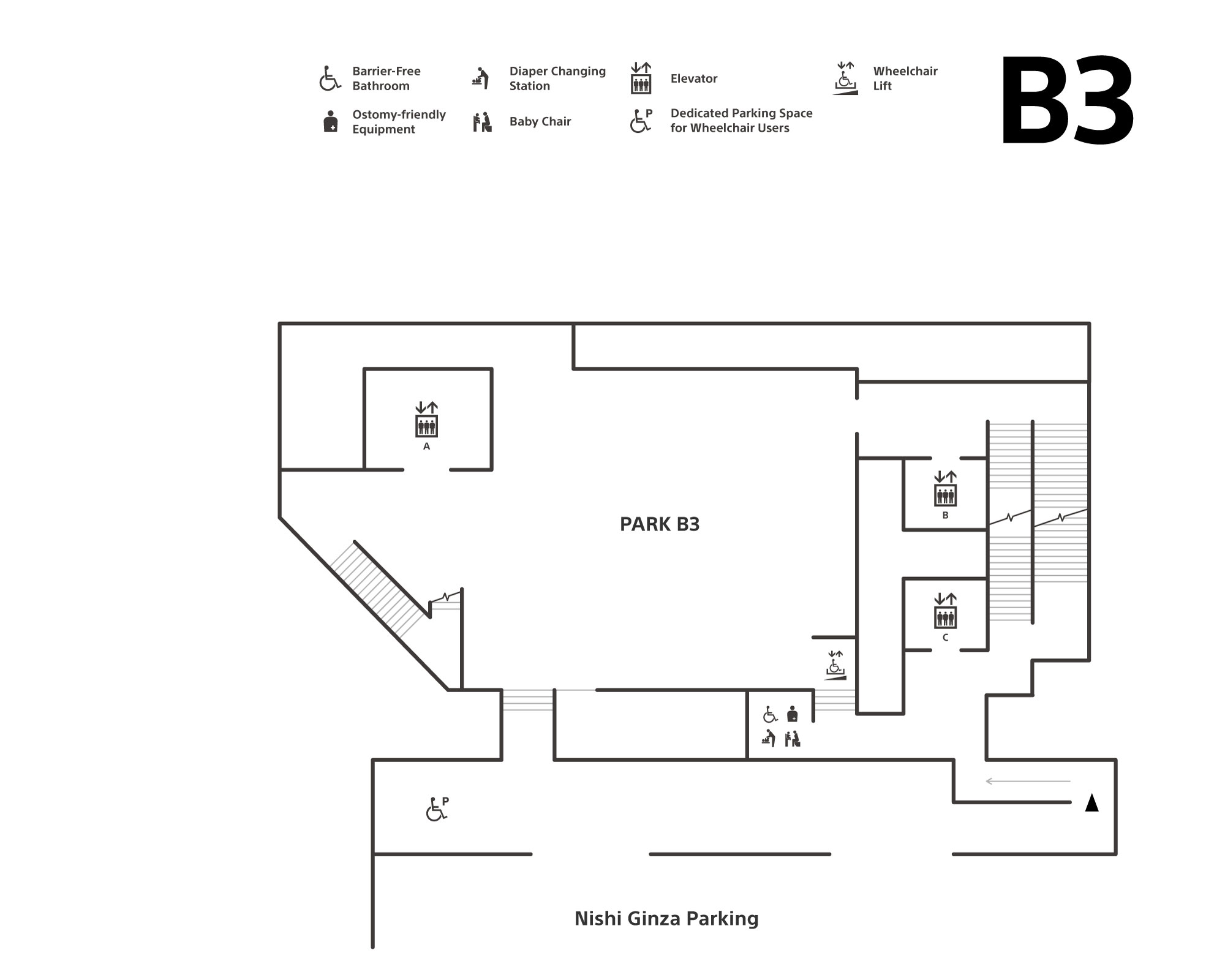 The third basement floor has casual dining. There is a barrier-free bathroom, a diaper changing station, elevators (A, B, C), a platform lift, an ostomy-friendly bathroom, baby chairs, and stairs. The adjacent Nishi-Ginza Parking has parking spaces for those with impairments.