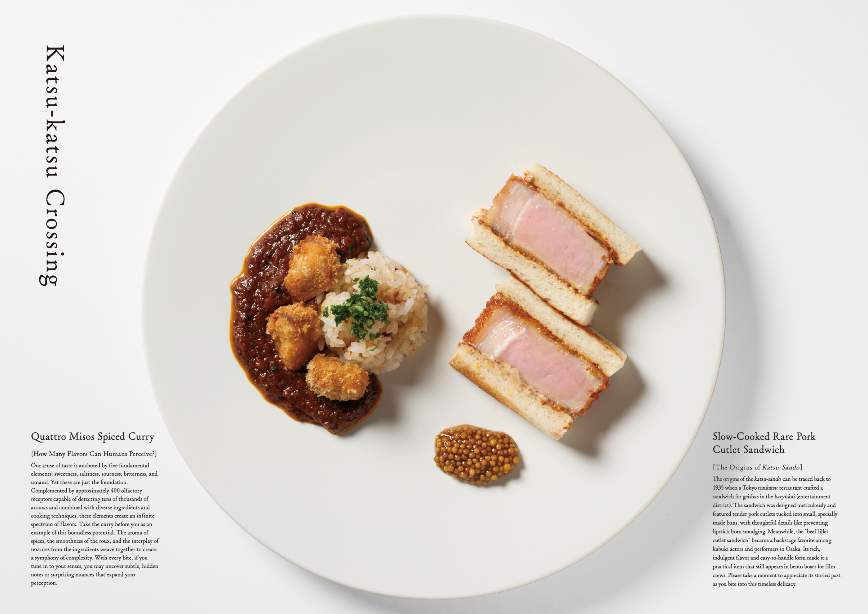 A dish photo of “Katsu-katsu Crossing.” It features curry and a katsu sandwich.