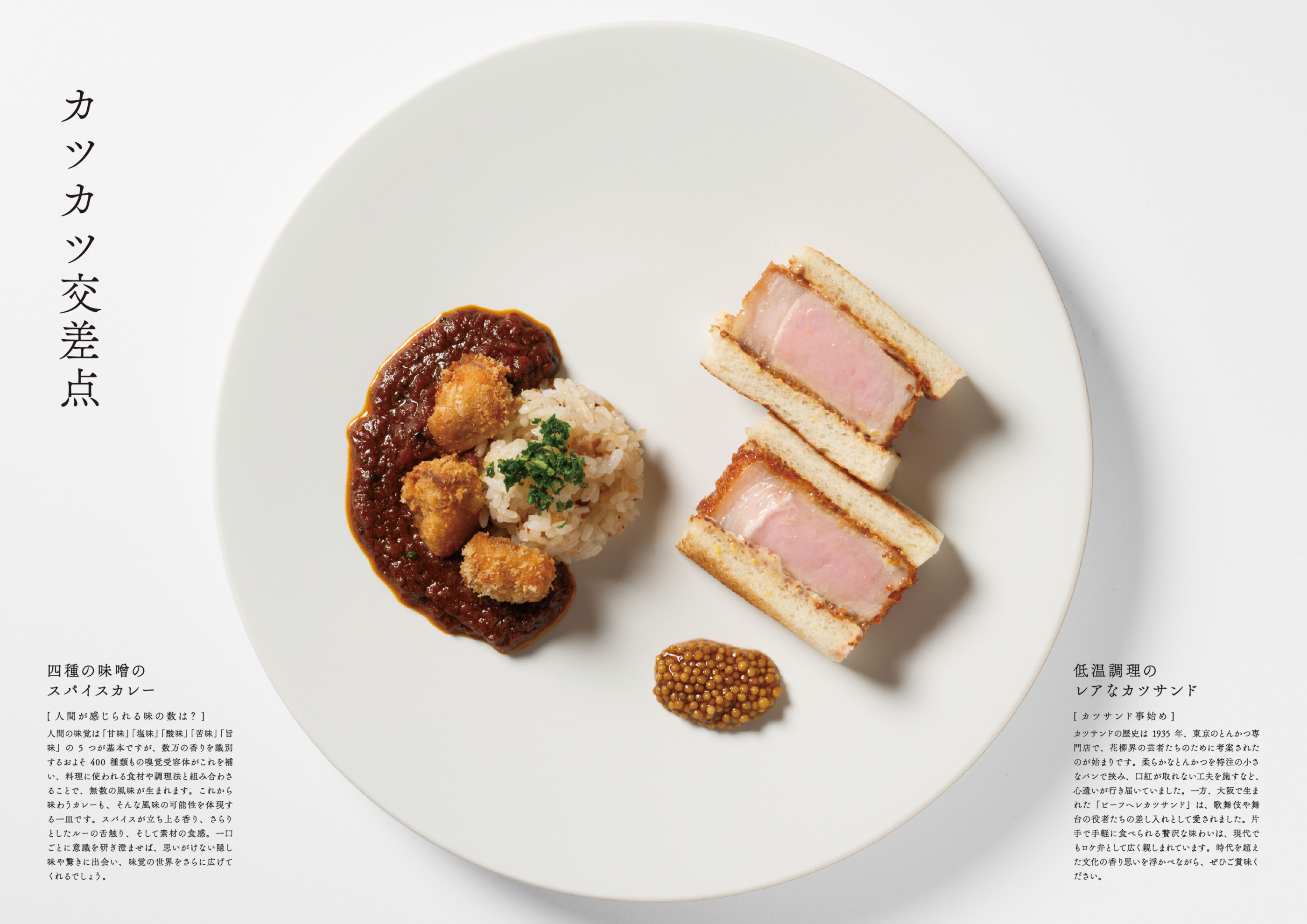 「カツカツ交差点」の料理写真。カレーとカツサンドが盛り付けられている。