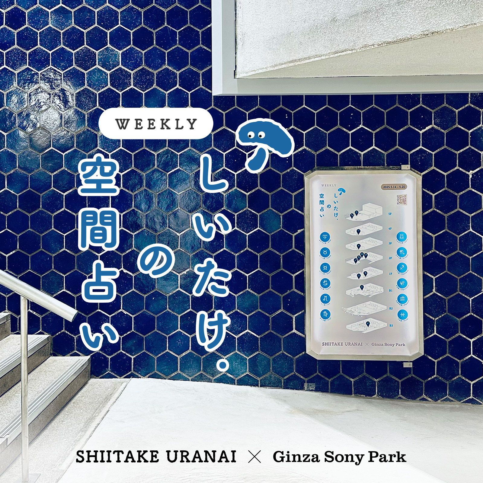 「しいたけ.の空間占い」のキービジュアル。空間占いのフロアマップが青いタイル壁の前に掲出されている。