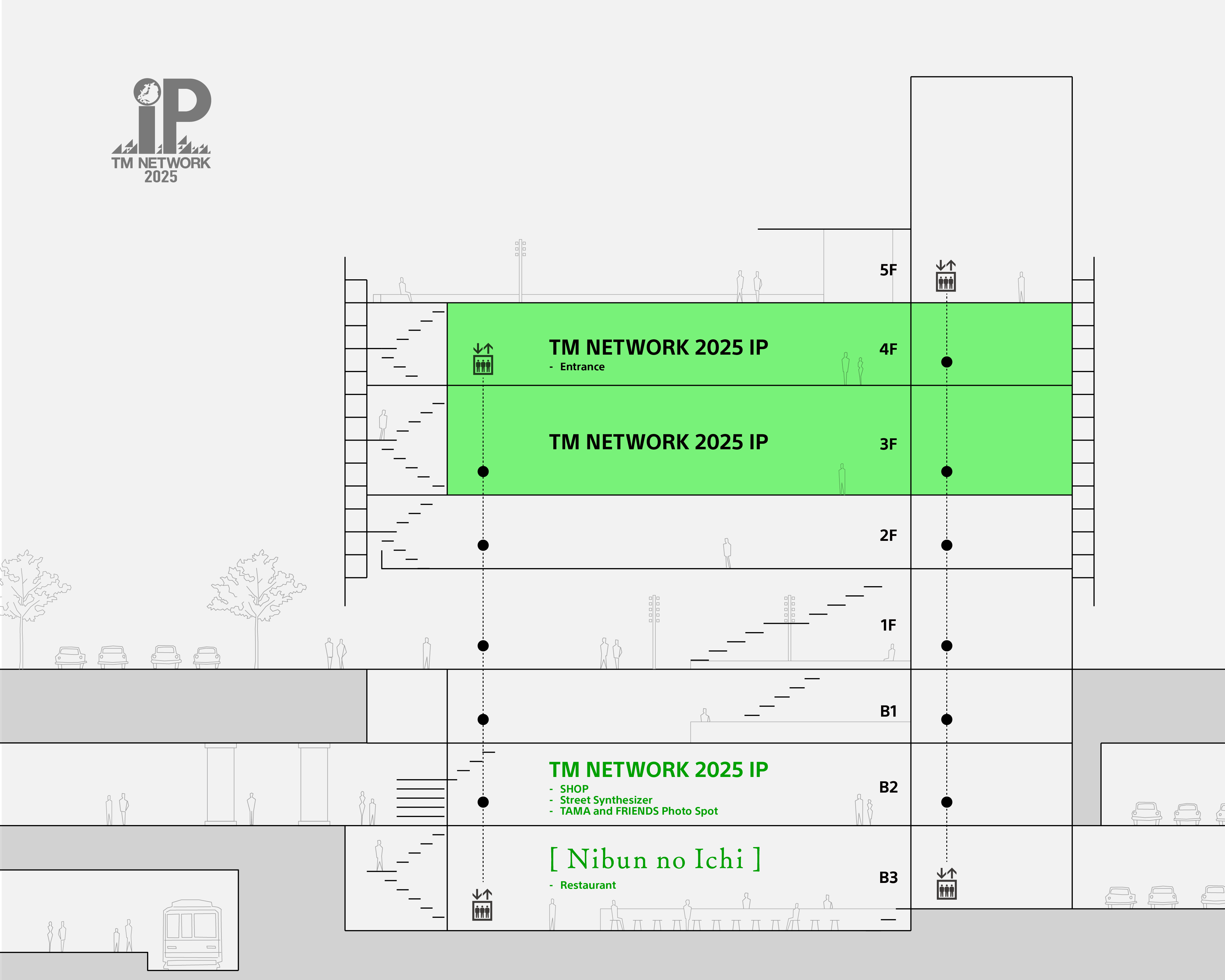 「TM NETWORK 2025 IP」のフロアマップ。エントランスは4F。