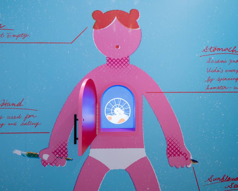 展示作品。マンガ『うえだとささみ』の主人公の体が壁面に大きく掲出され、お腹の小さな扉の中にモニターに映し出されたハムスターがいる。