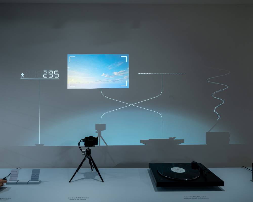 展示の様子。テーブルの上に4つのプロダクトが並び、壁面にはそれぞれのシルエットとともに対応する映像が投影されている。