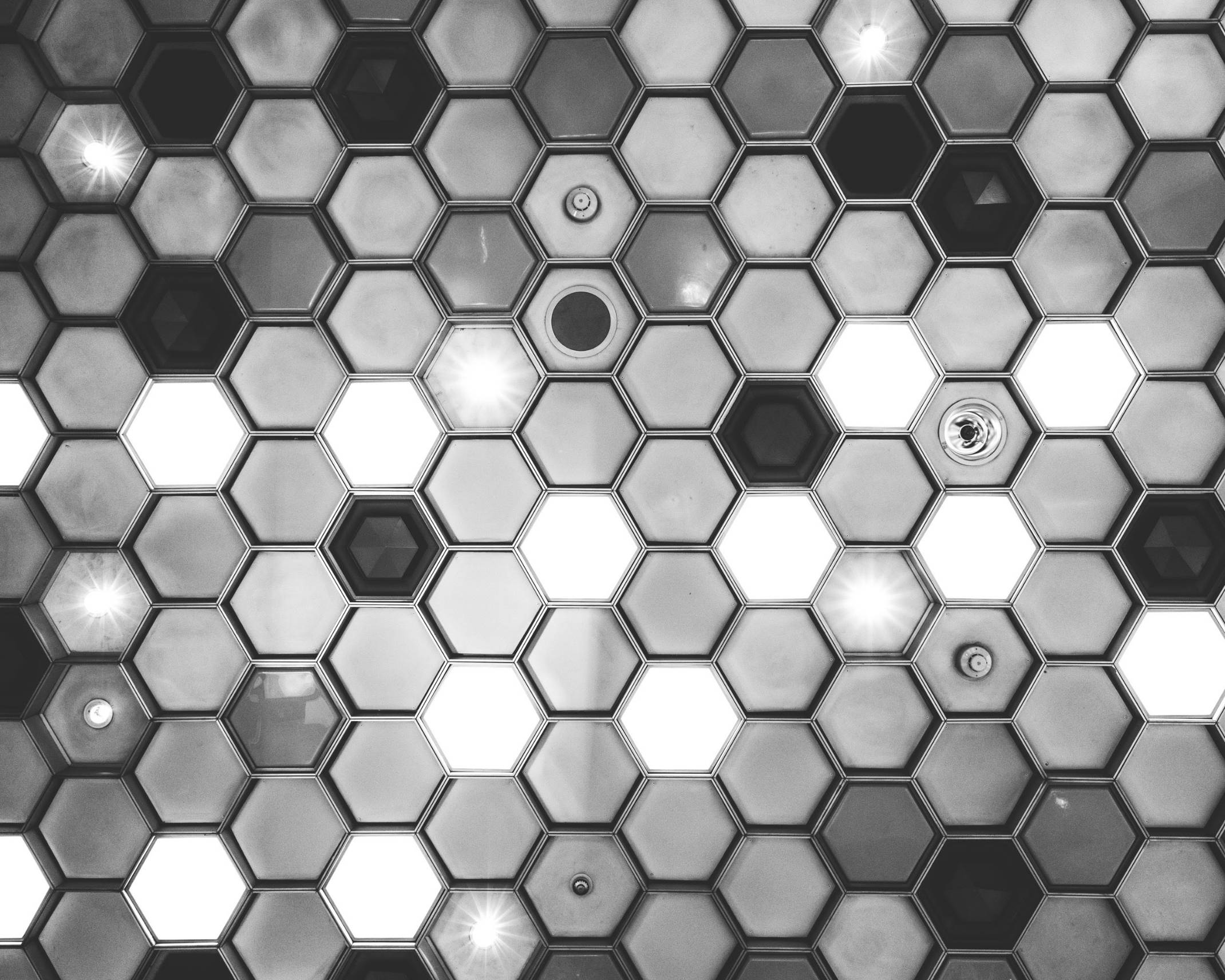 内観（モノトーン）。天井には蜂の巣状に正六角形のハニカム形スポット照明が埋め込まれている。