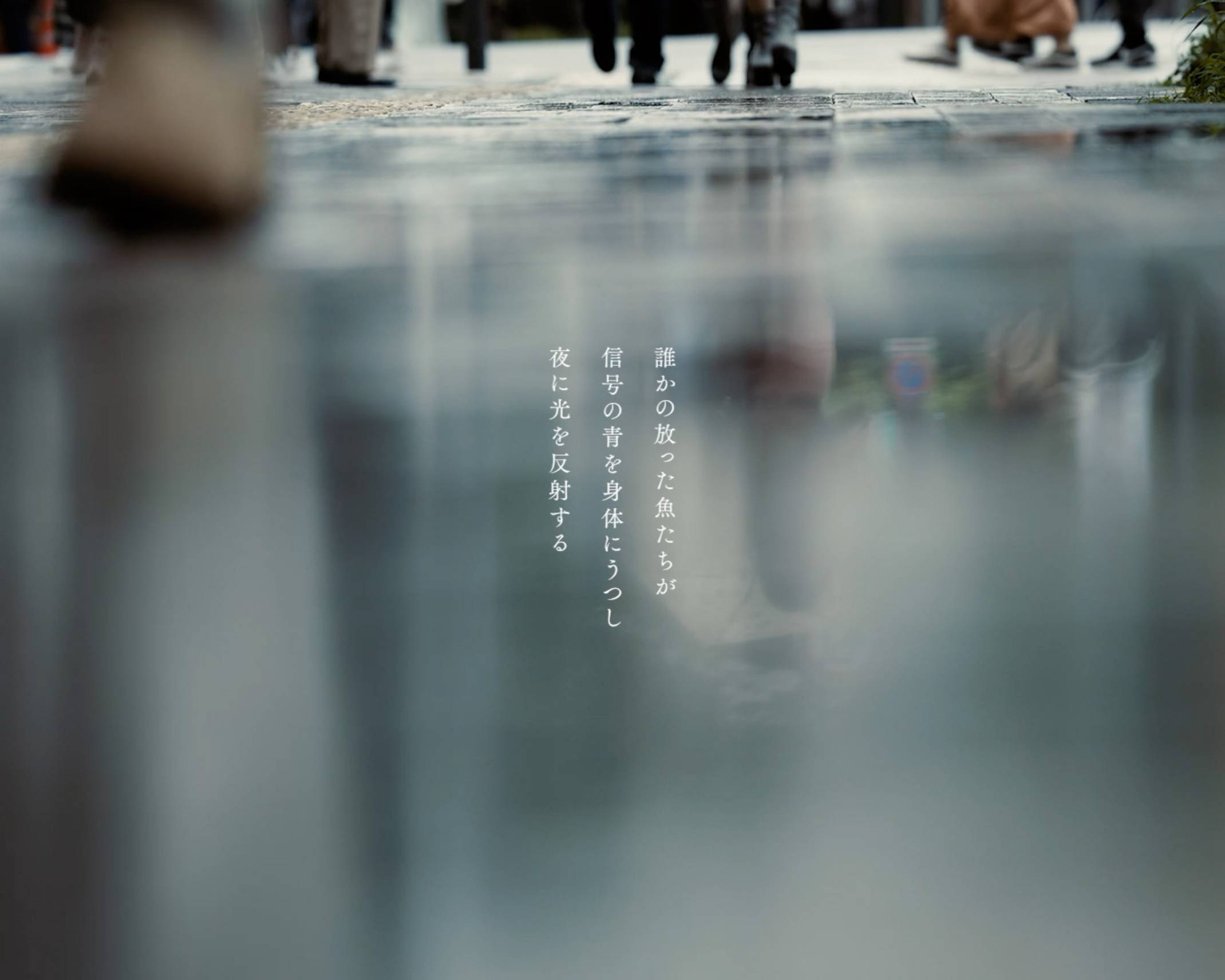 外観イメージ。歩道の水たまりに街の雑踏が反射して映っている。