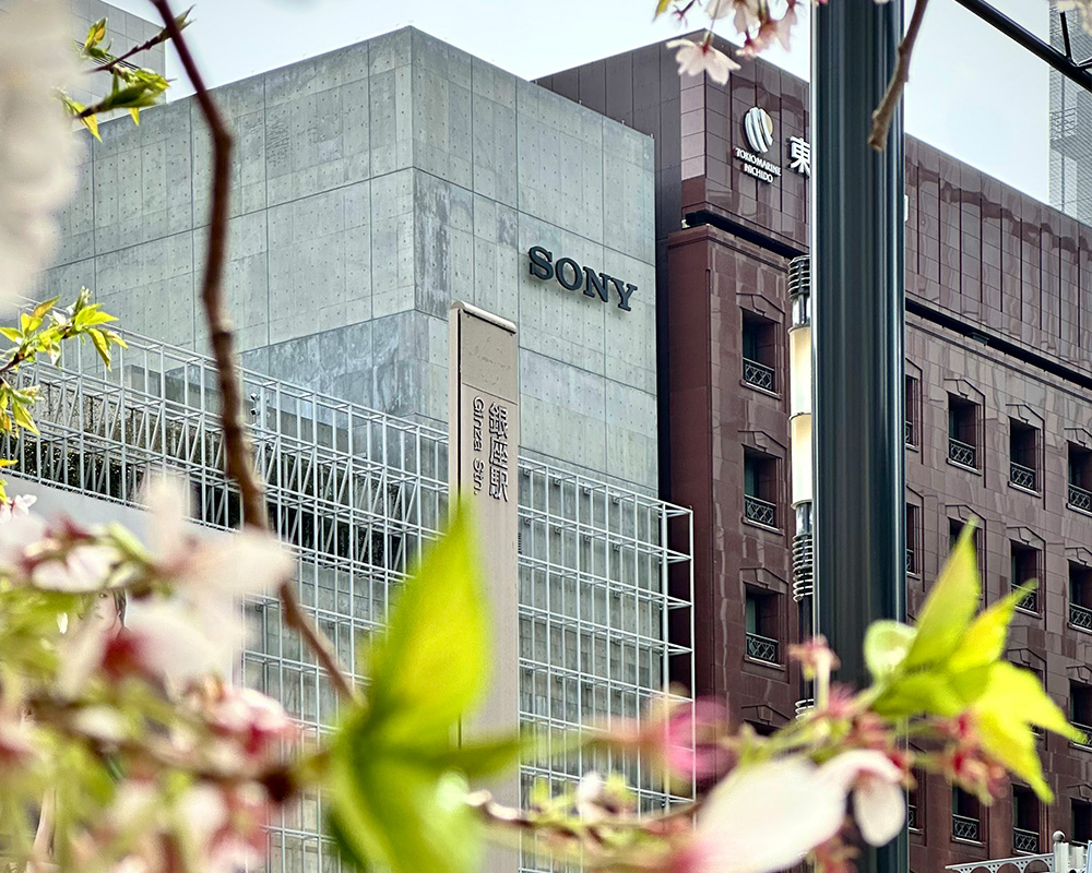 桜の花越しに見たGinza Sony Park外観。コンクリート壁面に掲げられたSONYロゴと、ガラスブロックのファサードが銀座の街並みの中に見えている。